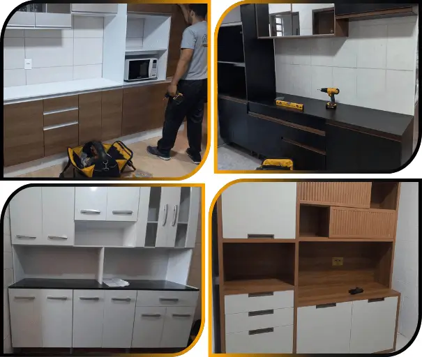 Montagem de armário de cozinha realizada por montador de móveis profissional com instalação segura e alinhamento dos módulos.