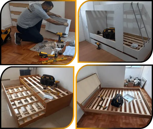 Montagem de cama realizada por montador de móveis profissional garantindo estrutura firme e montagem segura.