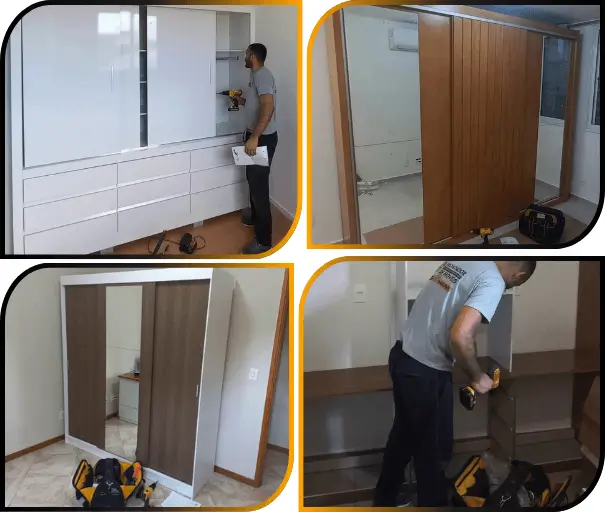 Montagem de guarda-roupa realizada por montador de móveis profissional com alinhamento correto das portas e montagem segura.