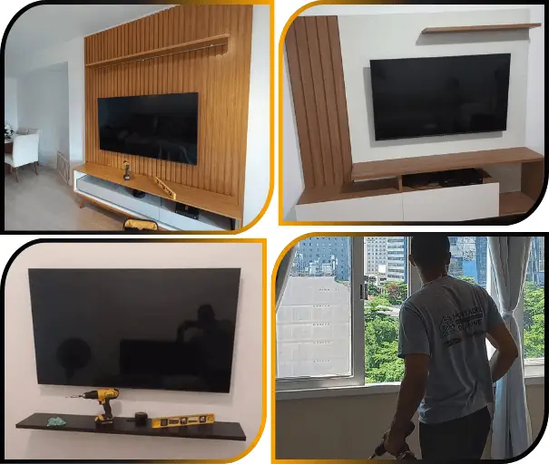 Montagem de painel de TV realizada por montador de móveis profissional com fixação segura e nivelamento correto.